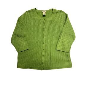 LL Bean Womens Cable Knit Cardigan Sweater XL Cotton Blend Tennis Prep Green